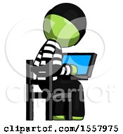 Poster, Art Print Of Green Thief Man Using Laptop Computer While Sitting In Chair View From Back
