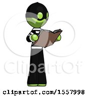 Poster, Art Print Of Green Thief Man Reading Book While Standing Up Facing Away