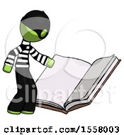 Green Thief Man Reading Big Book While Standing Beside It