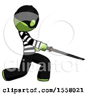 Poster, Art Print Of Green Thief Man With Ninja Sword Katana Slicing Or Striking Something