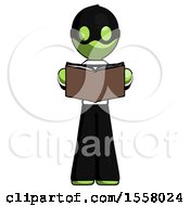 Poster, Art Print Of Green Thief Man Reading Book While Standing Up Facing Viewer