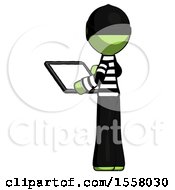 Poster, Art Print Of Green Thief Man Looking At Tablet Device Computer With Back To Viewer