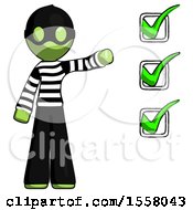 Poster, Art Print Of Green Thief Man Standing By List Of Checkmarks