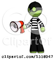 Poster, Art Print Of Green Thief Man Holding Megaphone Bullhorn Facing Right