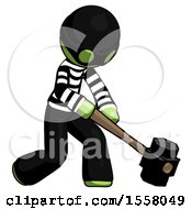 Green Thief Man Hitting With Sledgehammer Or Smashing Something At Angle