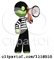 Poster, Art Print Of Green Thief Man Shouting Into Megaphone Bullhorn Facing Right