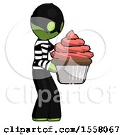 Poster, Art Print Of Green Thief Man Holding Large Cupcake Ready To Eat Or Serve