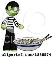 Poster, Art Print Of Green Thief Man And Noodle Bowl Giant Soup Restaraunt Concept