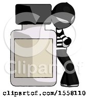 Gray Thief Man Leaning Against Large Medicine Bottle