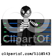 Poster, Art Print Of Gray Thief Man With Server Racks In Front Of Two Networked Systems
