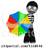 Gray Thief Man Holding Rainbow Umbrella Out To Viewer
