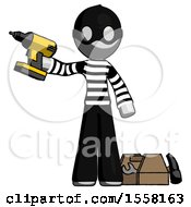 Poster, Art Print Of Gray Thief Man Holding Drill Ready To Work Toolchest And Tools To Right