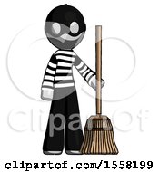 Gray Thief Man Standing With Broom Cleaning Services
