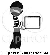 Poster, Art Print Of Gray Thief Man Show Tablet Device Computer To Viewer Blank Area