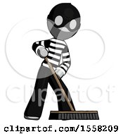 Poster, Art Print Of Gray Thief Man Cleaning Services Janitor Sweeping Floor With Push Broom