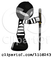 Poster, Art Print Of Gray Thief Man Kneeling With Ninja Sword Katana Showing Respect