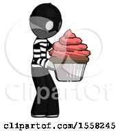 Poster, Art Print Of Gray Thief Man Holding Large Cupcake Ready To Eat Or Serve