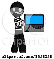 Poster, Art Print Of Gray Thief Man Holding Laptop Computer Presenting Something On Screen