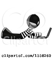 Poster, Art Print Of Gray Thief Man Using Laptop Computer While Lying On Floor Side View