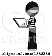 Poster, Art Print Of Gray Thief Man Looking At Tablet Device Computer With Back To Viewer