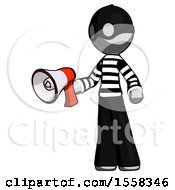 Poster, Art Print Of Gray Thief Man Holding Megaphone Bullhorn Facing Right