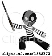 Gray Thief Man With Ninja Sword Katana In Defense Pose