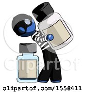 Poster, Art Print Of Blue Thief Man Holding Large White Medicine Bottle With Bottle In Background