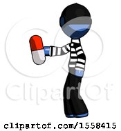 Poster, Art Print Of Blue Thief Man Holding Red Pill Walking To Left