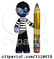 Blue Thief Man With Large Pencil Standing Ready To Write