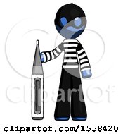 Blue Thief Man Standing With Large Thermometer