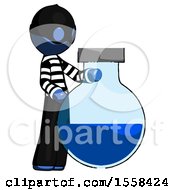 Blue Thief Man Standing Beside Large Round Flask Or Beaker
