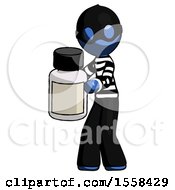 Blue Thief Man Holding White Medicine Bottle