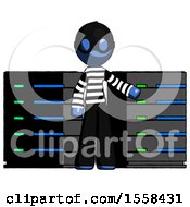 Poster, Art Print Of Blue Thief Man With Server Racks In Front Of Two Networked Systems