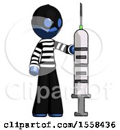 Blue Thief Man Holding Large Syringe