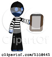 Blue Thief Man Showing Clipboard To Viewer