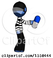 Poster, Art Print Of Blue Thief Man Holding Blue Pill Walking To Right