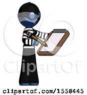 Blue Thief Man Using Clipboard And Pencil