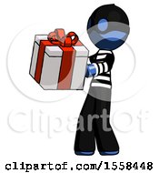 Poster, Art Print Of Blue Thief Man Presenting A Present With Large Red Bow On It