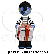 Poster, Art Print Of Blue Thief Man Gifting Present With Large Bow Front View