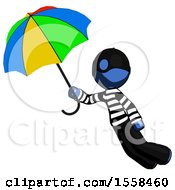 Poster, Art Print Of Blue Thief Man Flying With Rainbow Colored Umbrella