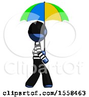 Poster, Art Print Of Blue Thief Man Walking With Colored Umbrella