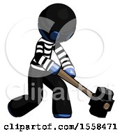 Poster, Art Print Of Blue Thief Man Hitting With Sledgehammer Or Smashing Something At Angle