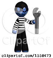Blue Thief Man Holding Wrench Ready To Repair Or Work