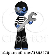 Blue Thief Man Holding Large Wrench With Both Hands
