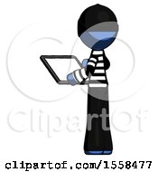 Poster, Art Print Of Blue Thief Man Looking At Tablet Device Computer With Back To Viewer