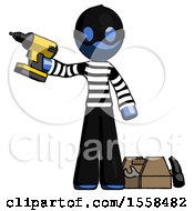 Poster, Art Print Of Blue Thief Man Holding Drill Ready To Work Toolchest And Tools To Right