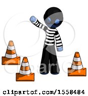 Poster, Art Print Of Blue Thief Man Standing By Traffic Cones Waving