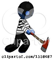 Blue Thief Man Striking With A Red Firefighters Ax
