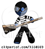 Blue Thief Man Broom Fighter Defense Pose
