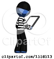 Poster, Art Print Of Blue Thief Man Looking At Tablet Device Computer Facing Away